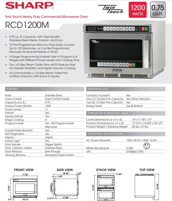 Sharp TwinTouch 1200 Watt Commercial Microwave Oven with Dual TouchPads (RCD1200M) - Image 2