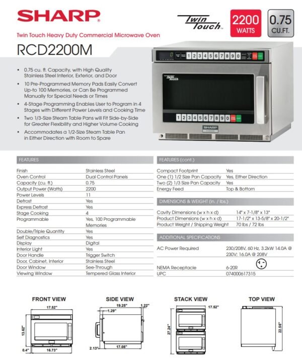Sharp TwinTouch 2200 Watt Commercial Microwave Oven with Dual TouchPads (RCD2200M) - Image 3